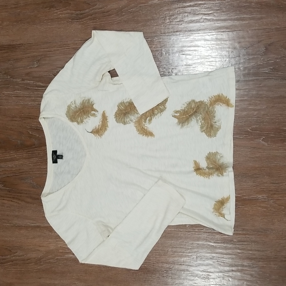 (M) Talbots Petites 100% Cotton Feather Graphic Lightweight Casual Neutral Tee